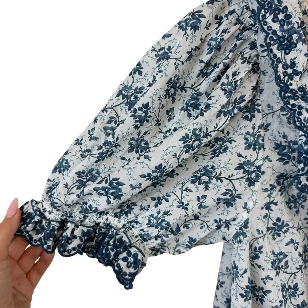 Doen Lazuli Floral Organic Cotton Puff Sleeve Ruffle Top Boho Chic White Blue XS